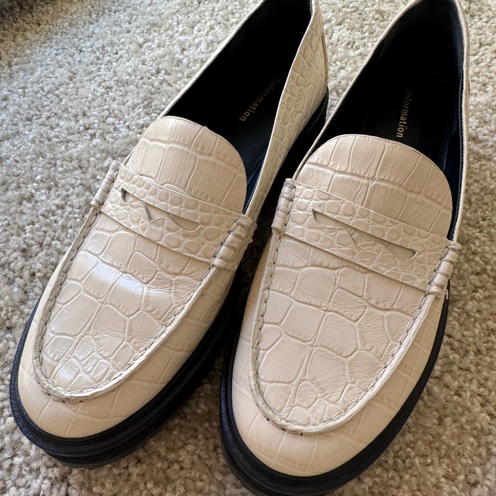 Reformation Croc-Embossed Cream Agathea Chunky Loafers
